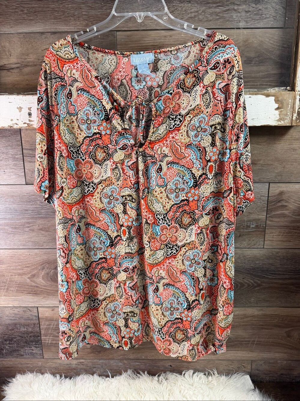 Liz & Me Women’s 22/24 Paisley Floral Blouse Boho Tie Neck Tunic Top Multicolor